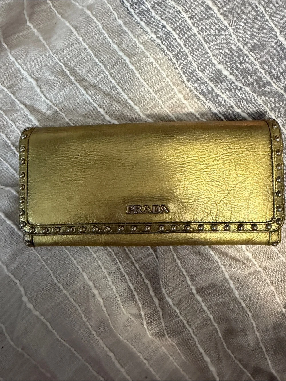 Prada Metallic Gold Leather Long Wallet with Stud Trim